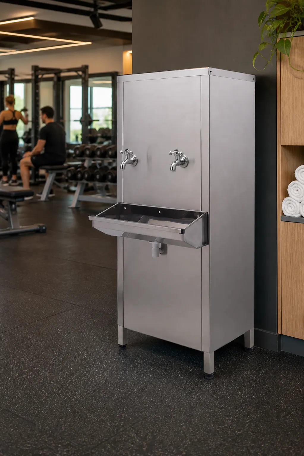 Bebedouro industrial Refriágua vertical de 25 litros em aço inox, com duas torneiras e aparador, na área de musculação de uma academia