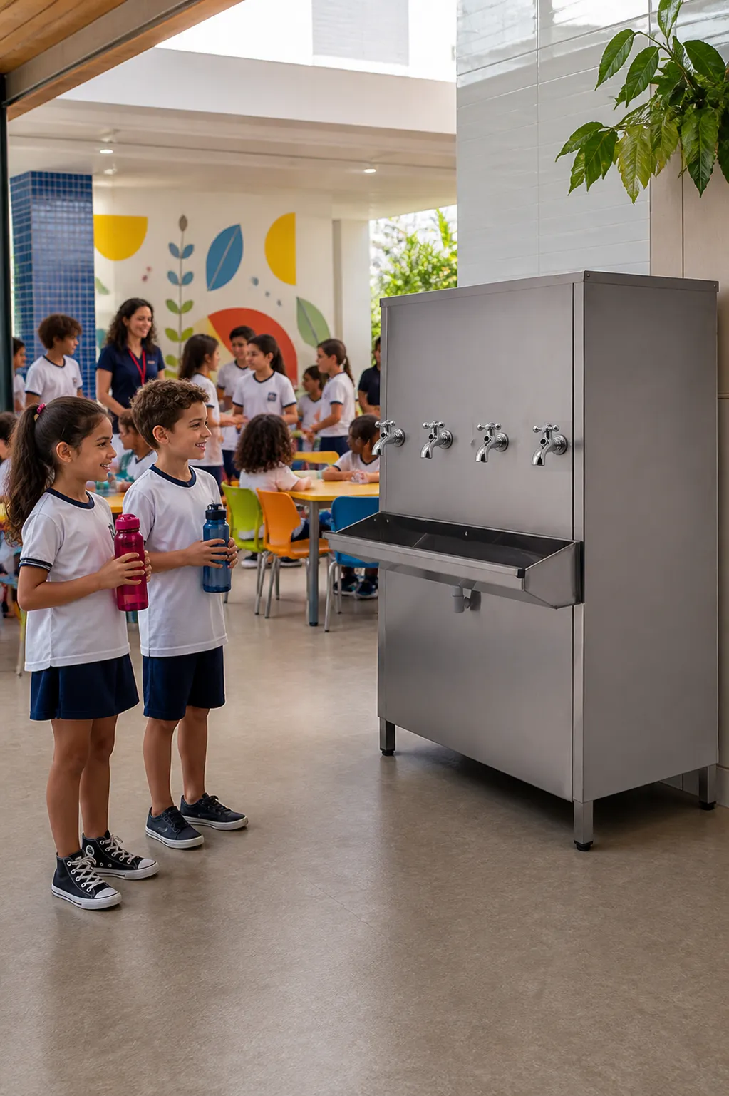 Bebedouro industrial Refriágua vertical de 200 litros em aço inox, com quatro torneiras e aparador corrido, no refeitório de uma escola