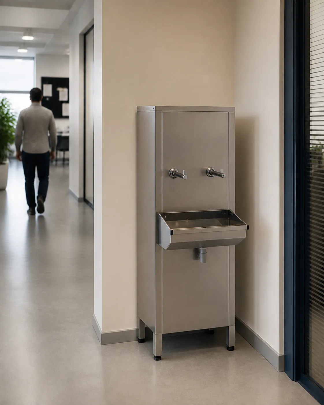 Bebedouro industrial Refriágua em aço inox com duas torneiras e aparador, numa área de apoio de escritório
