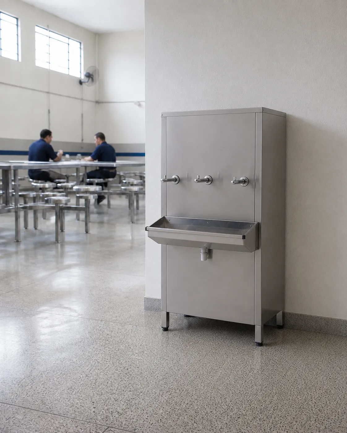 Bebedouro industrial Refriágua em aço inox com três torneiras e aparador, instalado na parede de um refeitório industrial