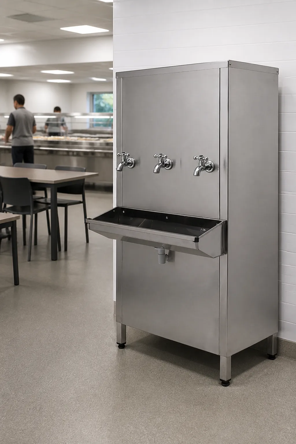 Bebedouro industrial Refriágua vertical de 100 litros em aço inox, com três torneiras e aparador, ao lado das mesas de um refeitório industrial