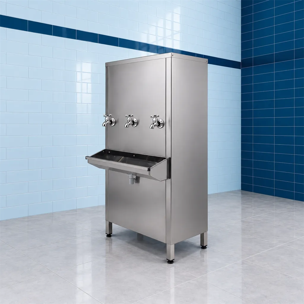 Bebedouro industrial vertical de piso de 100 litros em aço inox, com três torneiras e aparador, diante de uma parede de azulejos