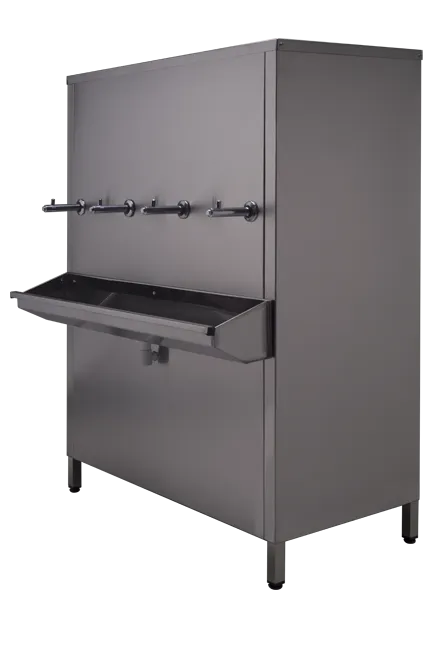 Linha vertical de piso Refriágua em aço inox, modelo de 200 litros com quatro torneiras